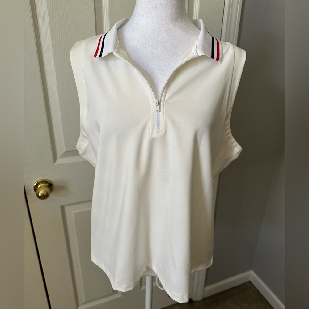 Tommy Bahama Active, Sleeveless Polo Top with Striped Collar, zipper, XL, NWT